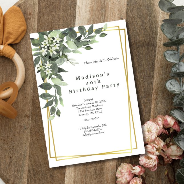 Cadre Or Vert Floral Anniversaire Invitation (Elegant Gold Frame Greenery Birthday Invitation for her. Instant download digital, or Printed)