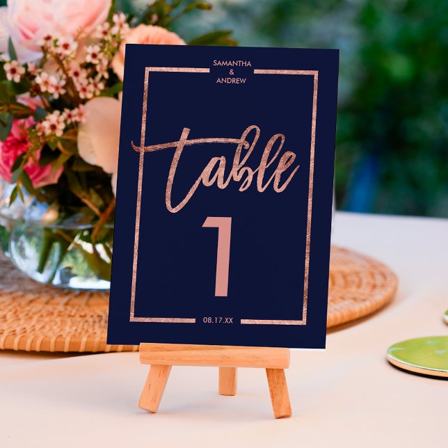 Cadre rose gold script numéro de table bleu marine (Créateur téléchargé)