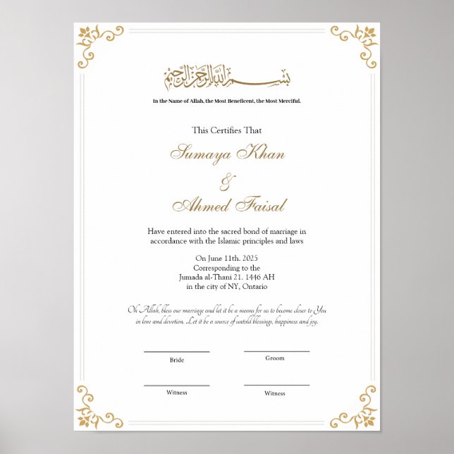 Cadre royal affiche de certificat de nikkah musulm (Devant)