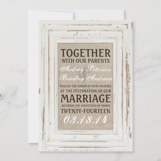 Cadre rustique blanc et Faire-part de mariage Burl (Devant)