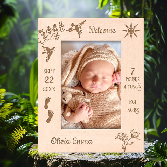 Cadres Gravés Bienvenue Photo bébé (Etched newborn baby picture frame featuring cute birds and flowers, tiny footsteps and sunshine)