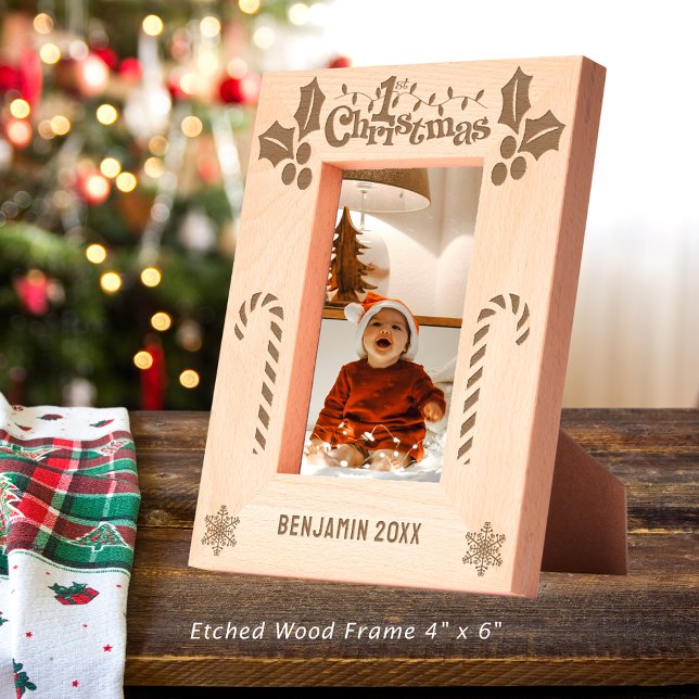 Cadres Gravés First Christmas Holly, Sucres de canne, Afficher l (First Christmas Holly, Candy Canes, Show Name 4x6 Etched Frames)