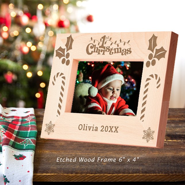 Cadres Gravés First Christmas Holly, Sucres de canne, Afficher l (First Christmas Holly, Candy Canes, Show Name 6x4 Etched Frame)