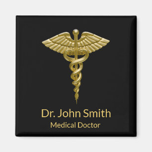 Caducée d'or Médicale sur noir - Aimant