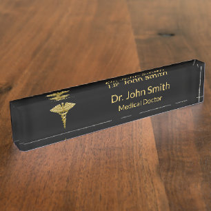 Caducée Médicale chic d'or sur le noir - plaque