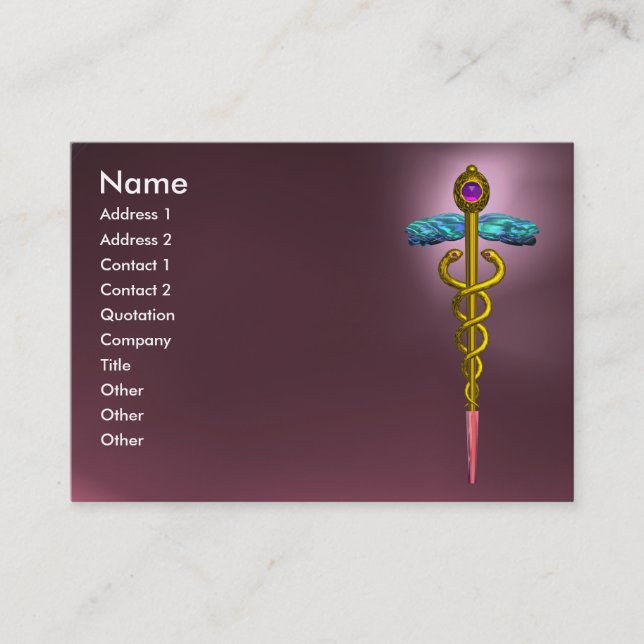 CADUCEUS AMETHYST, lebhaftes goldrosa lila Visitenkarte (Vorderseite)