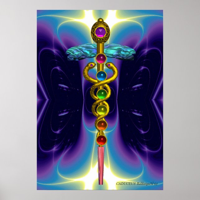 CADUCEUS AND 7 CHAKRAS , lebhafter Goldametist Poster (Vorne)
