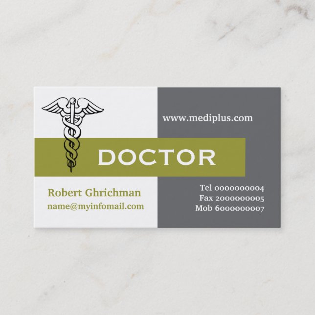 Caduceus Arzt minimalistisch grau, weiß, olivisch Visitenkarte (Vorderseite)