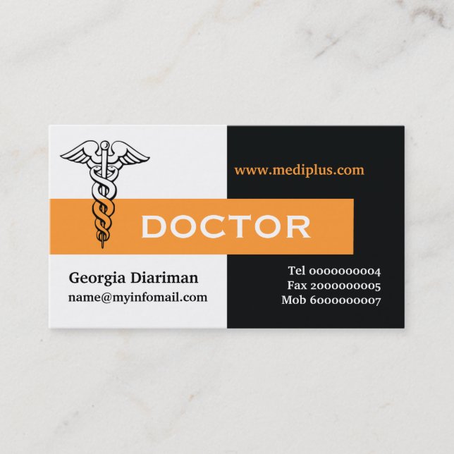 Caduceus Arzt minimalistisch schwarz, weiß, orange Visitenkarte (Vorderseite)