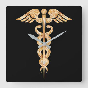 Caduceus Black and Gold Wall Horloge