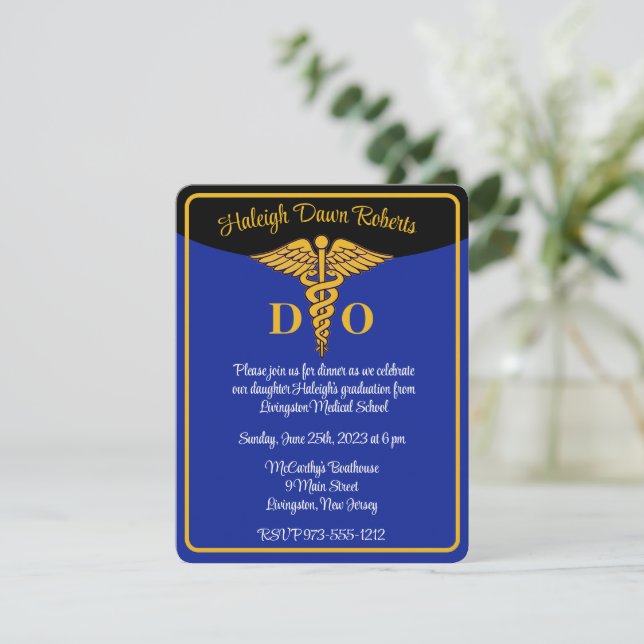 Caduceus Blue/Gold/Black Medical School Abschluss Einladung (Stehend Vorderseite)