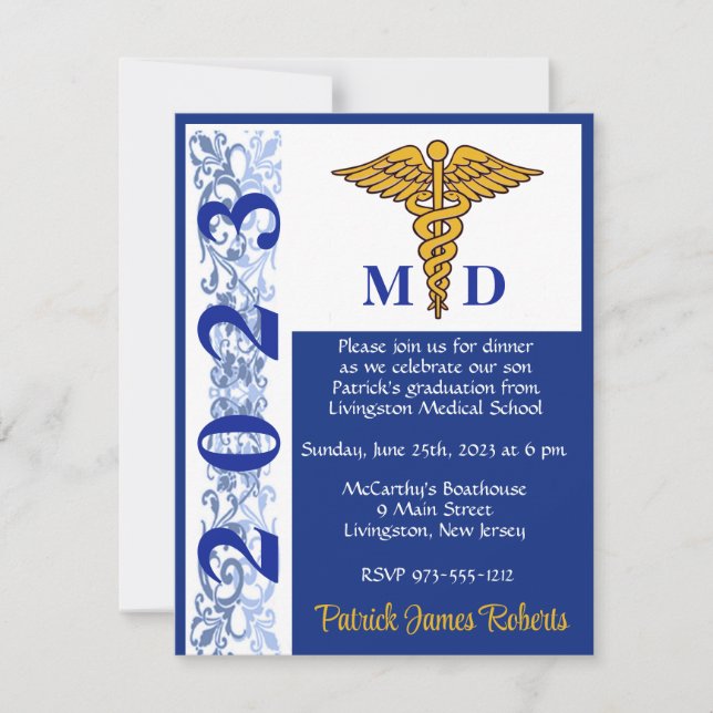 Caduceus Blue & Gold Medical School Abschluss Einladung (Vorderseite)