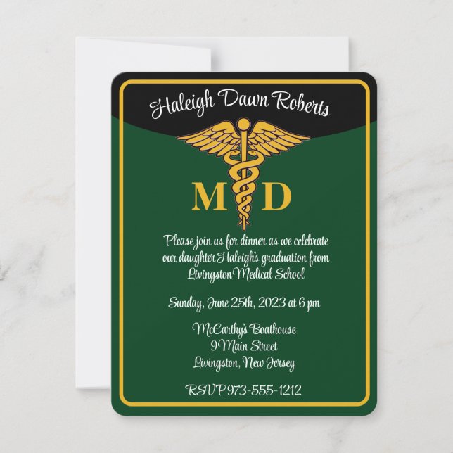 Caduceus Green & Black Medical School Abschluss Einladung (Vorderseite)