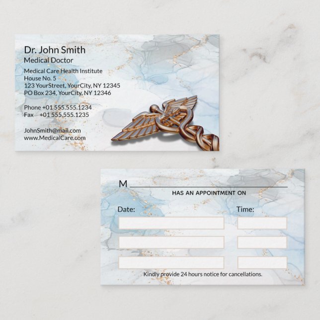 Caduceus Kupfer Rose Gold Medical Luxus Marmor Terminkarte (Vorne/Hinten)