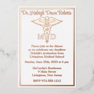 Caduceus Medical School Abschluss White/Rose Gold Folieneinladung