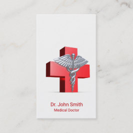 Caduceus Medical Silver 3D Cross Red Visitenkarte