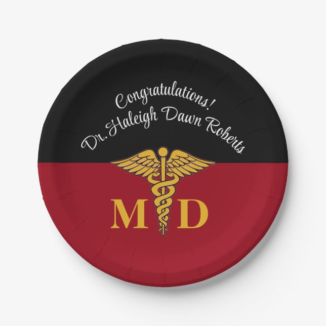 Caduceus Red & Black Medical School Abschluss Pappteller (Vorderseite)