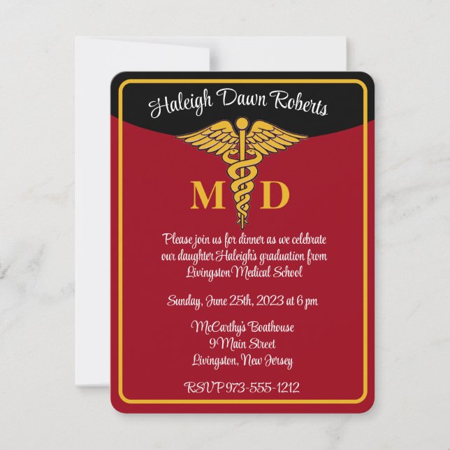 Caduceus Red/Gold/Black Medical School Abschluss Einladung (Vorderseite)