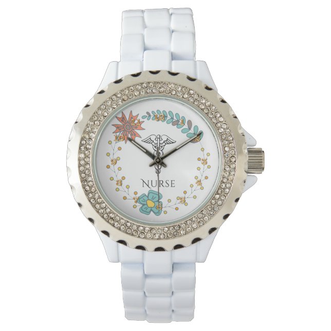 Caduceus Symbol Floral Boho | RN Krankenpflege Armbanduhr (Vorderseite)