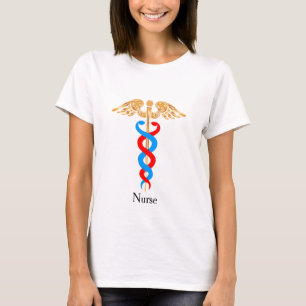 Caduceus Symbol in goldener, blauer und roter Farb T-Shirt