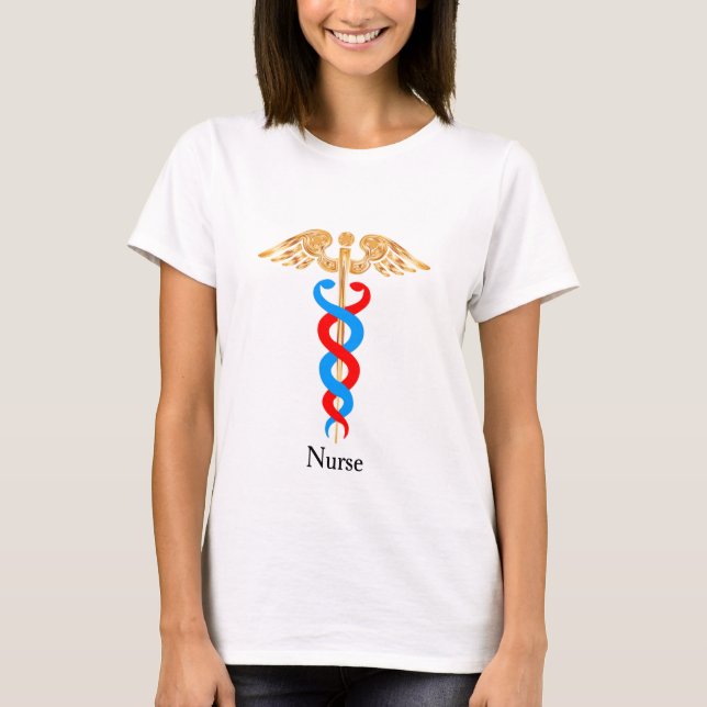 Caduceus Symbol in goldener, blauer und roter Farb T-Shirt (Vorderseite)