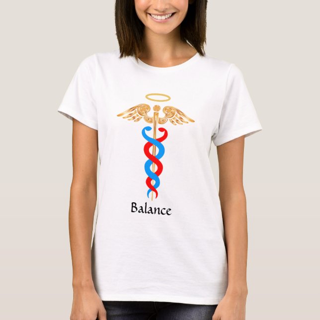 Caduceus Symbol in goldfarben, blau und rot T-Shirt (Vorderseite)