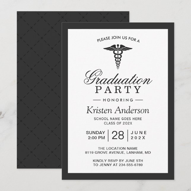 Caduceus Symbol Medical School Graduation Party Einladung (Vorne/Hinten)