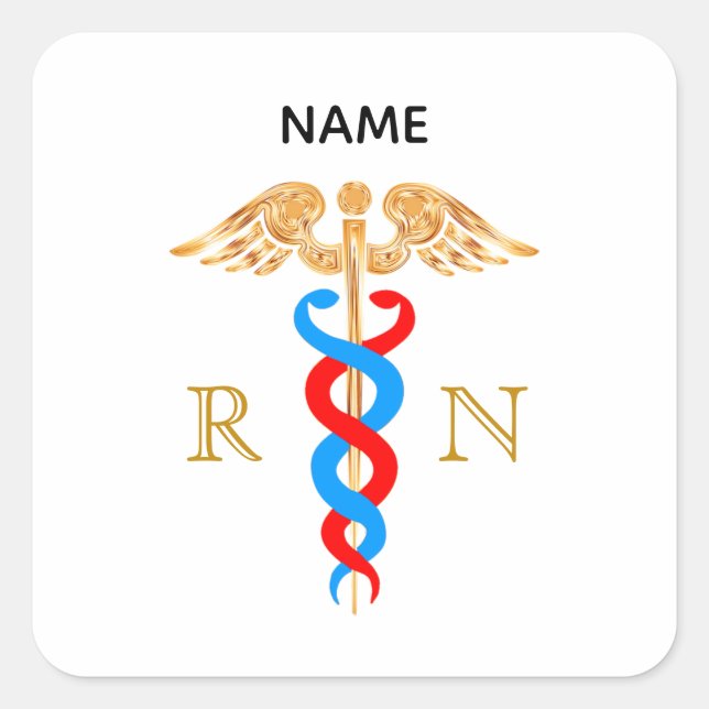Caduceus Symbol & Registered Nurse Monogram Quadratischer Aufkleber (Vorderseite)