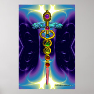 CADUCEUS UND 7 CHAKREN, lebendiges Gold Ametist Poster