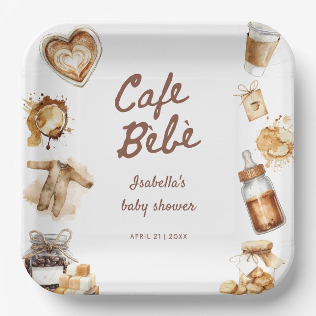 Cafe Bebe Baby Is Brewing Coffee Brown Baby Shower Pappteller (Vorderseite)