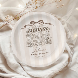 Cafe Bebe Beige Streifen Parisian Thema Baby Showe Pappteller