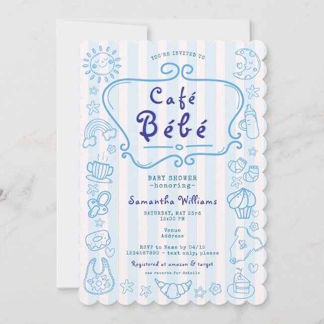 Café Bébé Französisch Moderne Blue Boy Baby Dusche Einladung (Vorderseite)