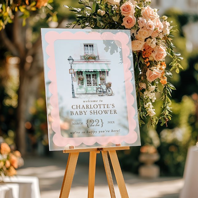 Café Bébé Paris Themendusche Willkommen Acrylschild (Café Bébé Paris Themed Baby Shower Welcome Acrylic Sign)