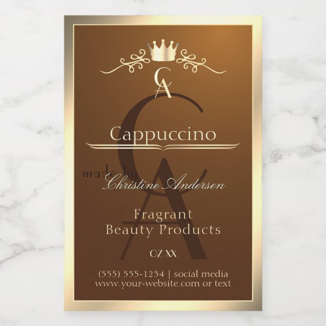 Café Brown Produit Étiquette Gold Frame et Monogra (Étiquettes simples)