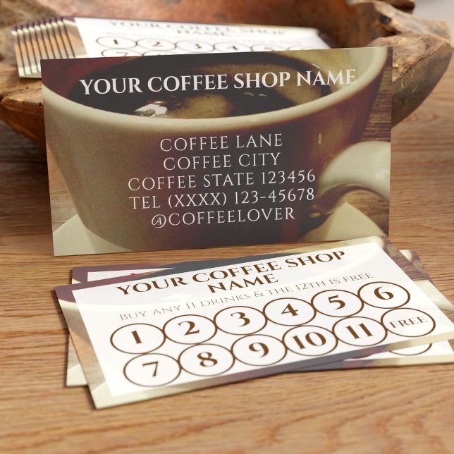 Café Café Business Loyalty Cards Empfehlungskarte (For coffee shops and cafes. Just add your business name and address)