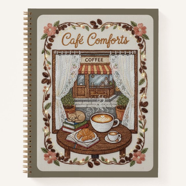 Café Comforts Embroidered Coffee Shop & Book  Notizbuch (Vorderseite)