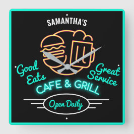  Cafe Grill Retro Fifties Green Neon Effect Name S Quadratische Wanduhr