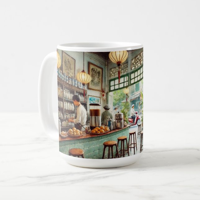 Café in Hanoi Vietnam Aquarellmalerei Kaffeetasse (Vorderseite Links)