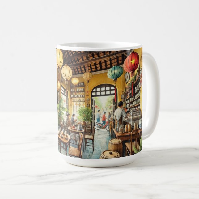 Café in Hoi An Vietnam Aquarellmalerei Kaffeetasse (VorderseiteRechts)