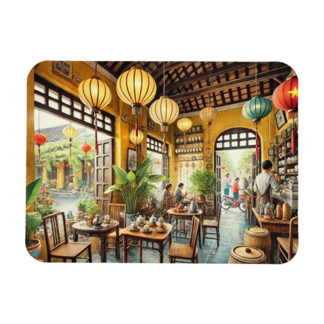 Café in Hoi An Vietnam Aquarellmalerei Magnet (Horizontal)