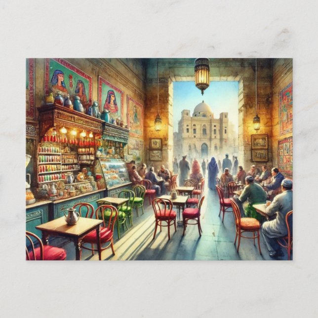 Café in Kairo Ägypten Wasserfarben Malerei Postkarte (Vorderseite)