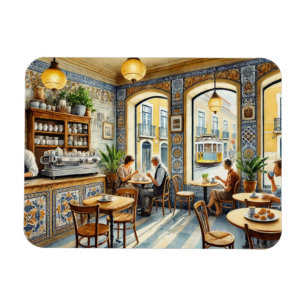 Café in Lissabon Gelbe Straßenbahn Wasserfarbe Magnet