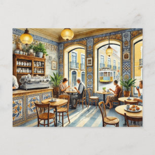 Café in Lissabon Gelbe Straßenbahn Wasserfarbe Postkarte