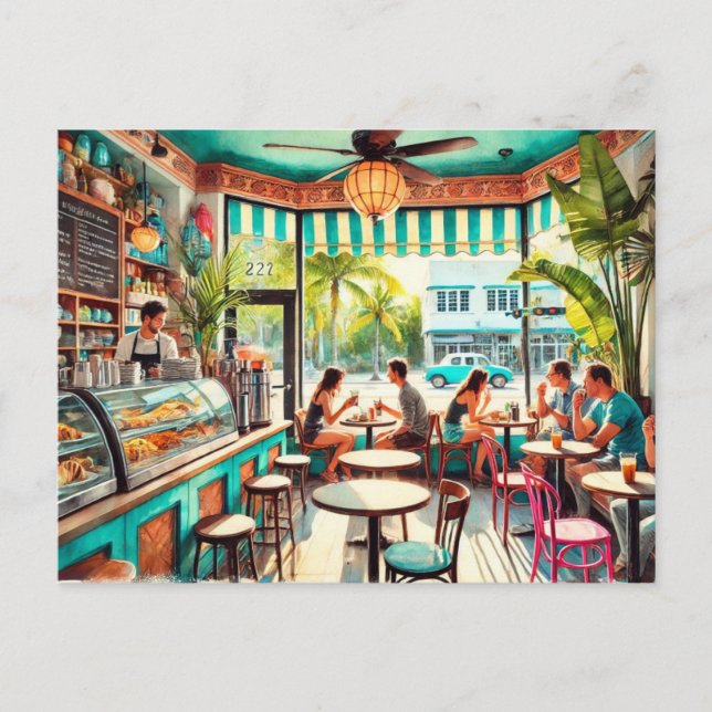 Café in Miami Watercolor Postkarte (Vorderseite)