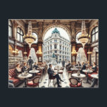 Café in Wien Österreich Wasserfarbenmalerei Postkarte<br><div class="desc">Ideal für den Kaffee und Reisende. Die Aquarellmalerei besticht durch Eleganz und historischen Charme eines Cafés in Wien. Das Café ist in traditioneller Wiener Architektur mit verzierten Details und großen Gewölbefenstern dargestellt, die seine Pracht noch verstärken. Die Innendekoration umfasst raffinierte Elemente wie rote Samtvorhänge, glitzernde Kronleuchter und Möbel aus dunklem...</div>