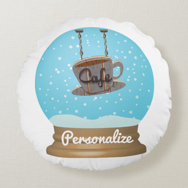 Café Kaffeesigne Schneekugel Rundes Kissen (Vorderseite)