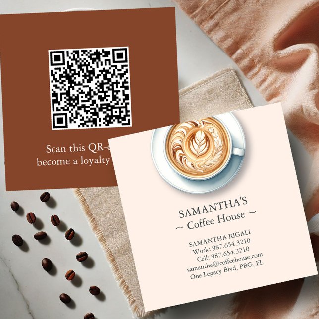 Café moderne Cartes de visite professionnels (business cards with qr-code for a coffee shop features an illustration of a latte)