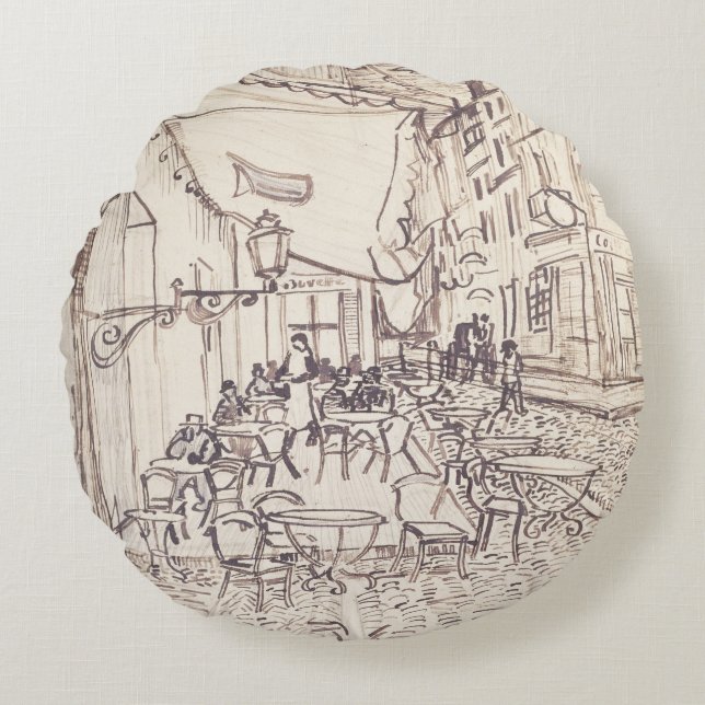 Café Terrasse am Abend, Kunstskizze, Van Gogh Rundes Kissen (Vorderseite)