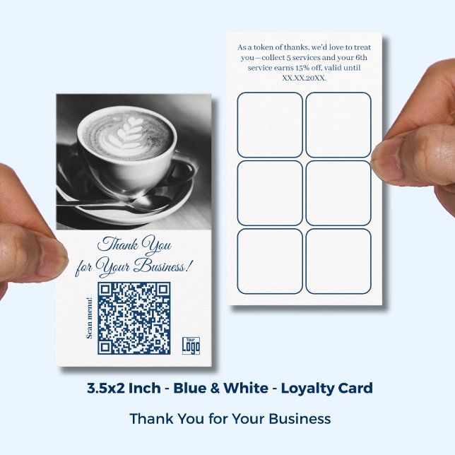 Café White Blue Logo & QR - Vielen Dank Treuekarte (Cafe White Blue Logo & QR - Thank You Loyalty Card; Size:3.5x2 Inch)