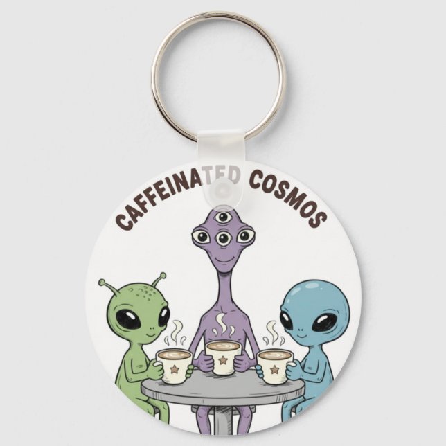 Caffeinated Cosmos Cute Funny Alien Coffee Schlüsselanhänger (Vorderseite)